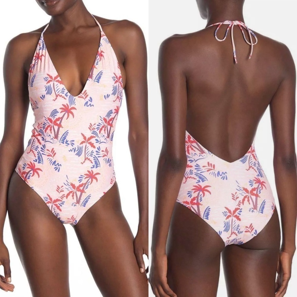 Onia Pink and Blue Palm Print One Piece Swimsuit